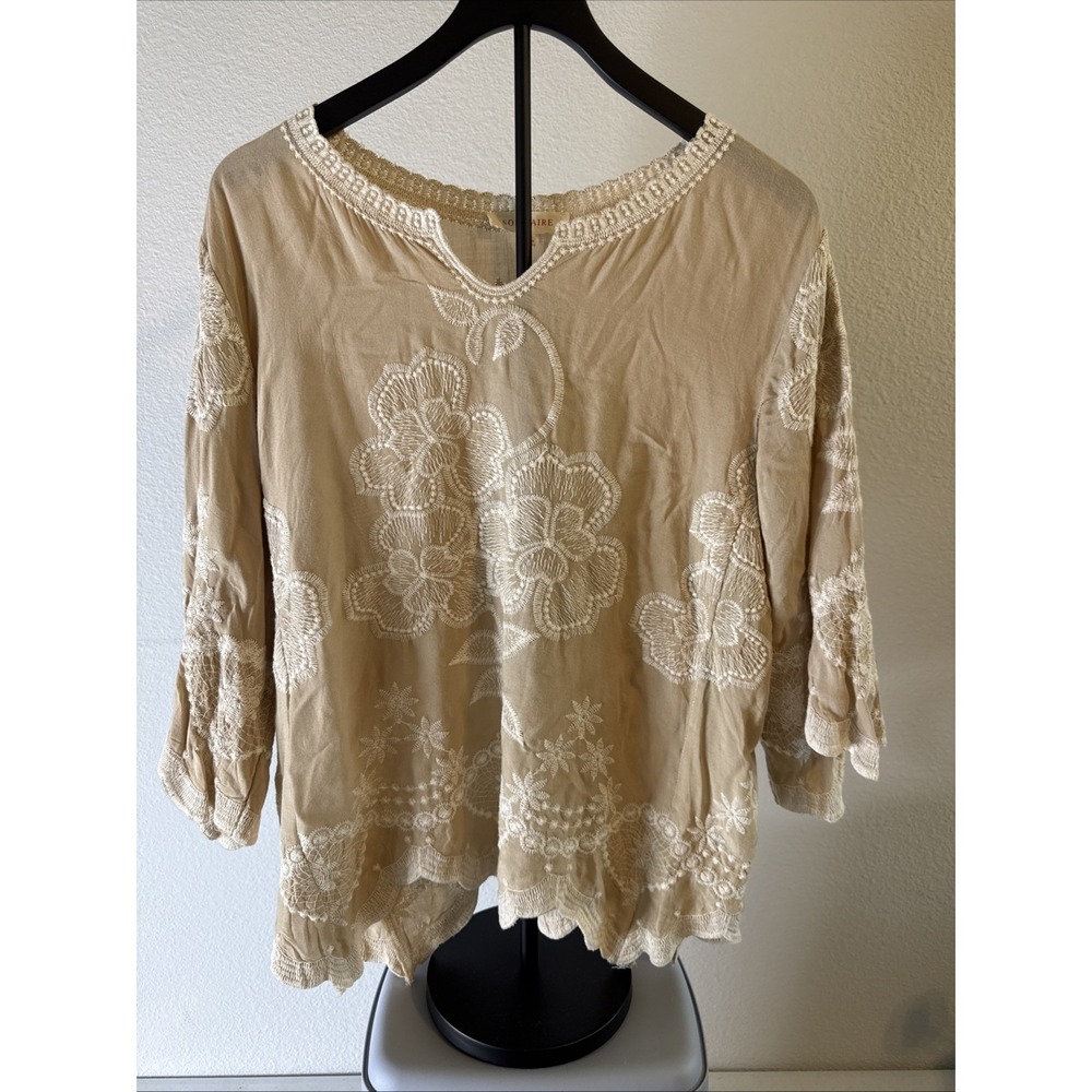 Solitaire Women's Cream Embroidered Top 3/4 Bell Sleeves Boho Chic Size XL